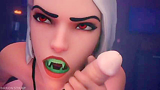 Mercy gets her futa cock sucked by Ashe while tied up
