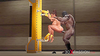 A sexy 3d ebony in restraints gest fucked hard by a black big cock