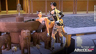 Futanari warrior queen fucking a big tits babe in a 3d animation
