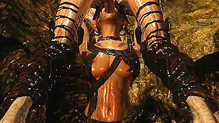 Scary looking orc monster gets a blowjob and fuck from a demoness