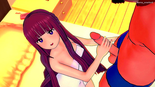 Purple-Haired Fern Seduces With Tight Towel for Steamy 3D Hentai Action