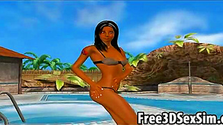 Sexy 3D Ebony Hottie Gets Fingered By The Poolside
