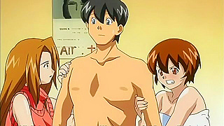 Two busty hentai girls fight over a pervy guy who fucks both of them in threesome