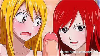 Fairy Tail Porn - Natsu fucks Erza and Lucy in their wet driping pussies