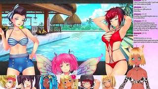 Lewd VTuber Neko’s Threesome Lingerie Fun in Anime Video Game Livestream