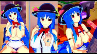 Big-Breasted Touhou Hinanai Tenko Rubs Boobs & Gives Hand Job In 3D Hentai Animation