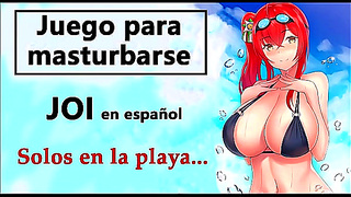 JOI audio in Spanish, alone with your busty friend on the beach.