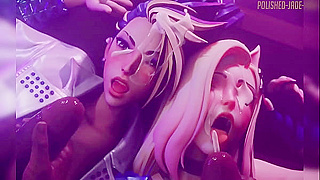 Animated fantasy roleplay featuring iconic gaming characters in intimate action scenes.